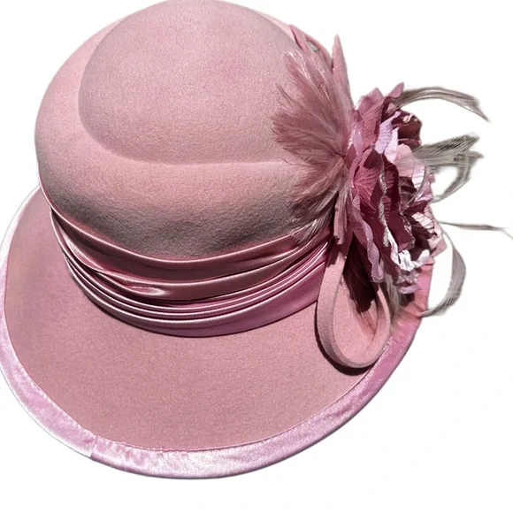 Something Special 100% Felt Pink Brim ribbon feathers Ladies Dress Hat Floral - Picture 5 of 12